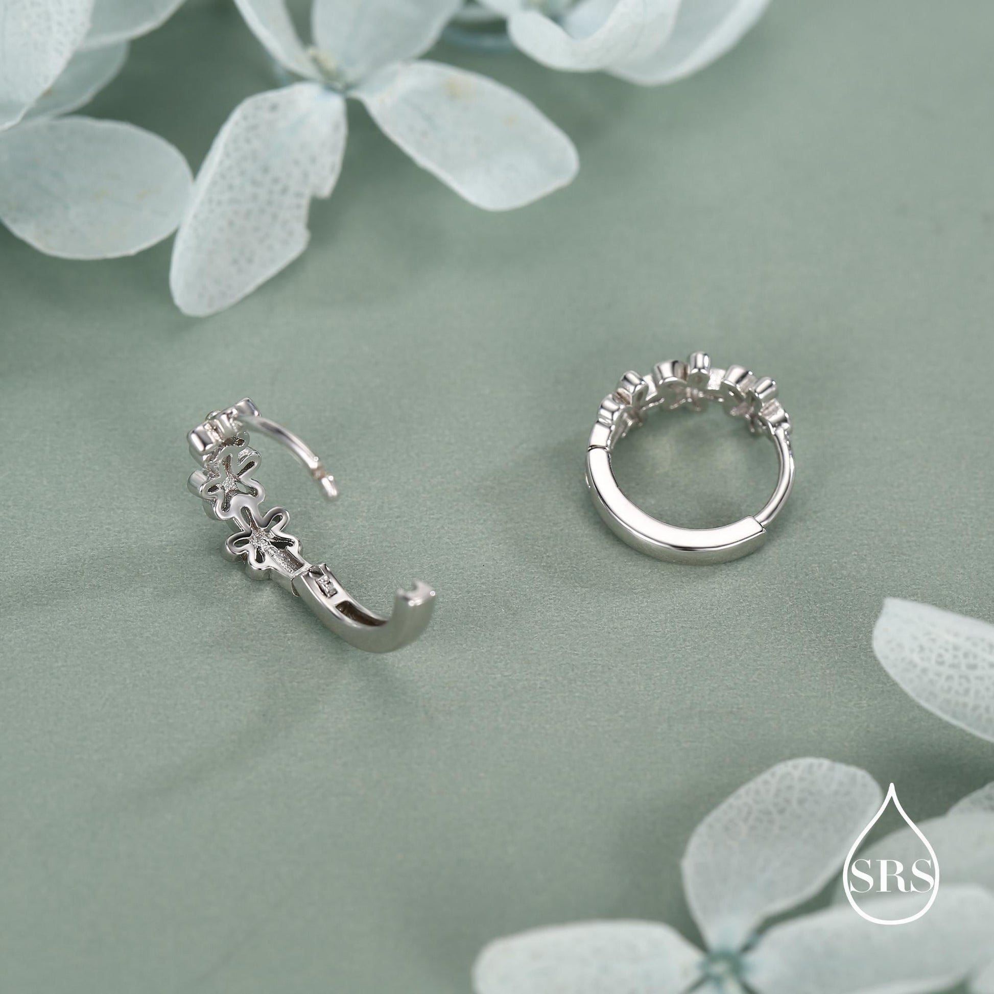 Sterling Silver Two Tone Daisy Huggie Hoop Earrings