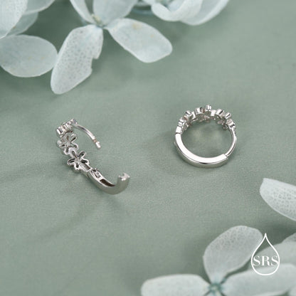 Sterling Silver Two Tone Daisy Huggie Hoop Earrings