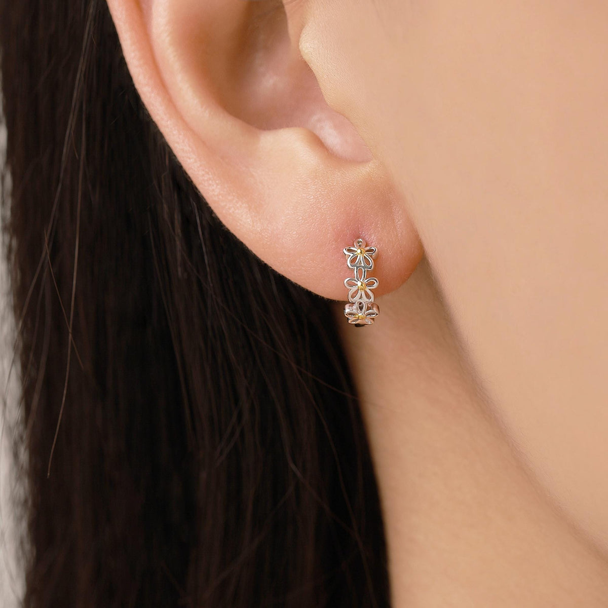 Sterling Silver Two Tone Daisy Huggie Hoop Earrings