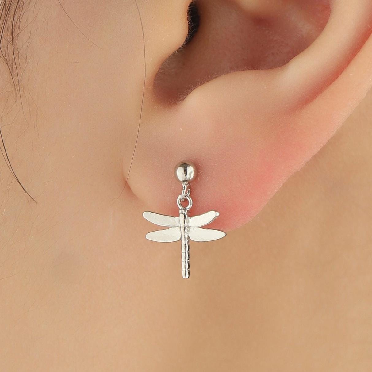 Sterling Silver Dragonfly Drop Stud Earrings, Silver or Gold or Rose Gold, Dragonfly Dangle Earrings, Dragonfly Earrings, Insect Earrings