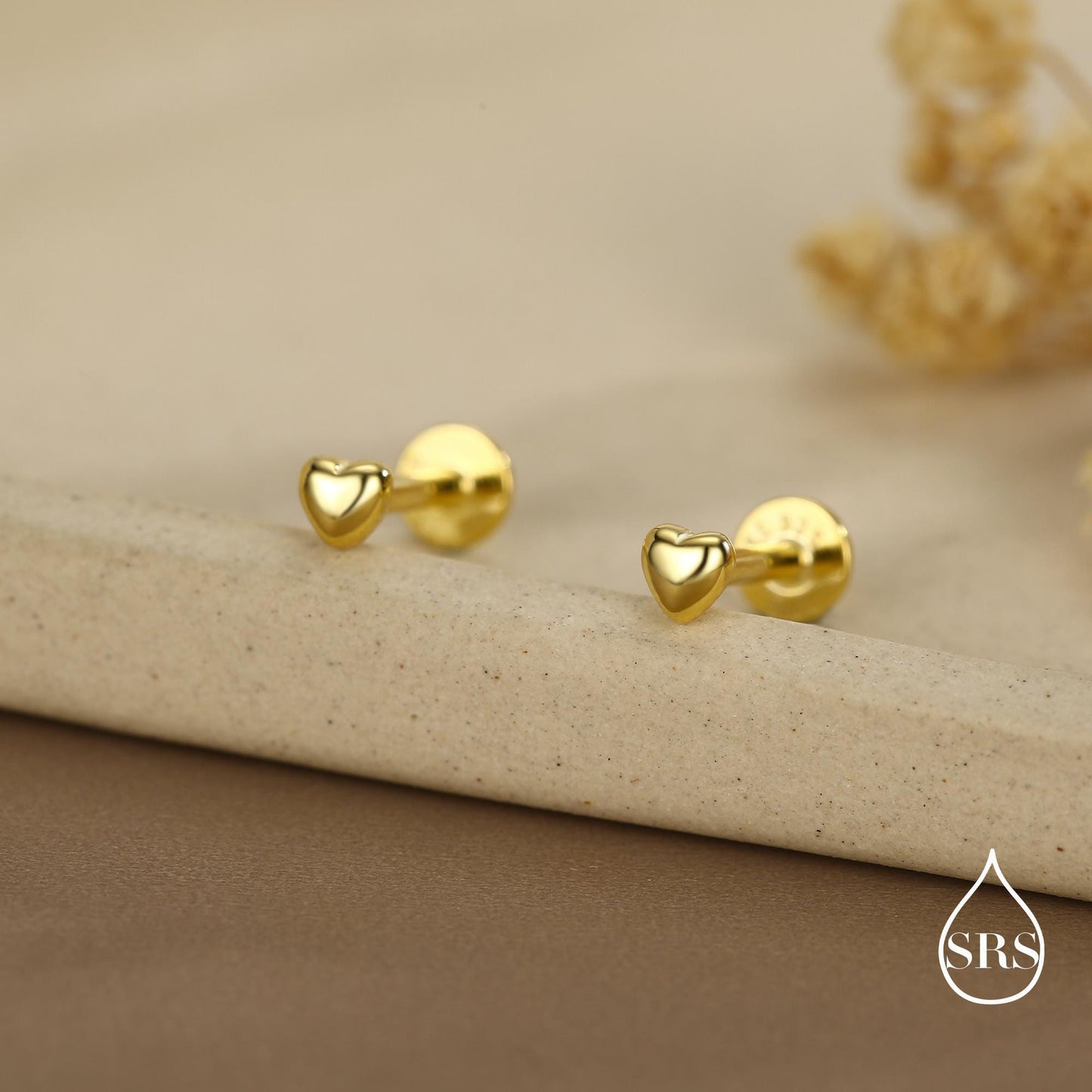 Sterling Silver 3mm Heart 16G Flat Back Stud Earrings