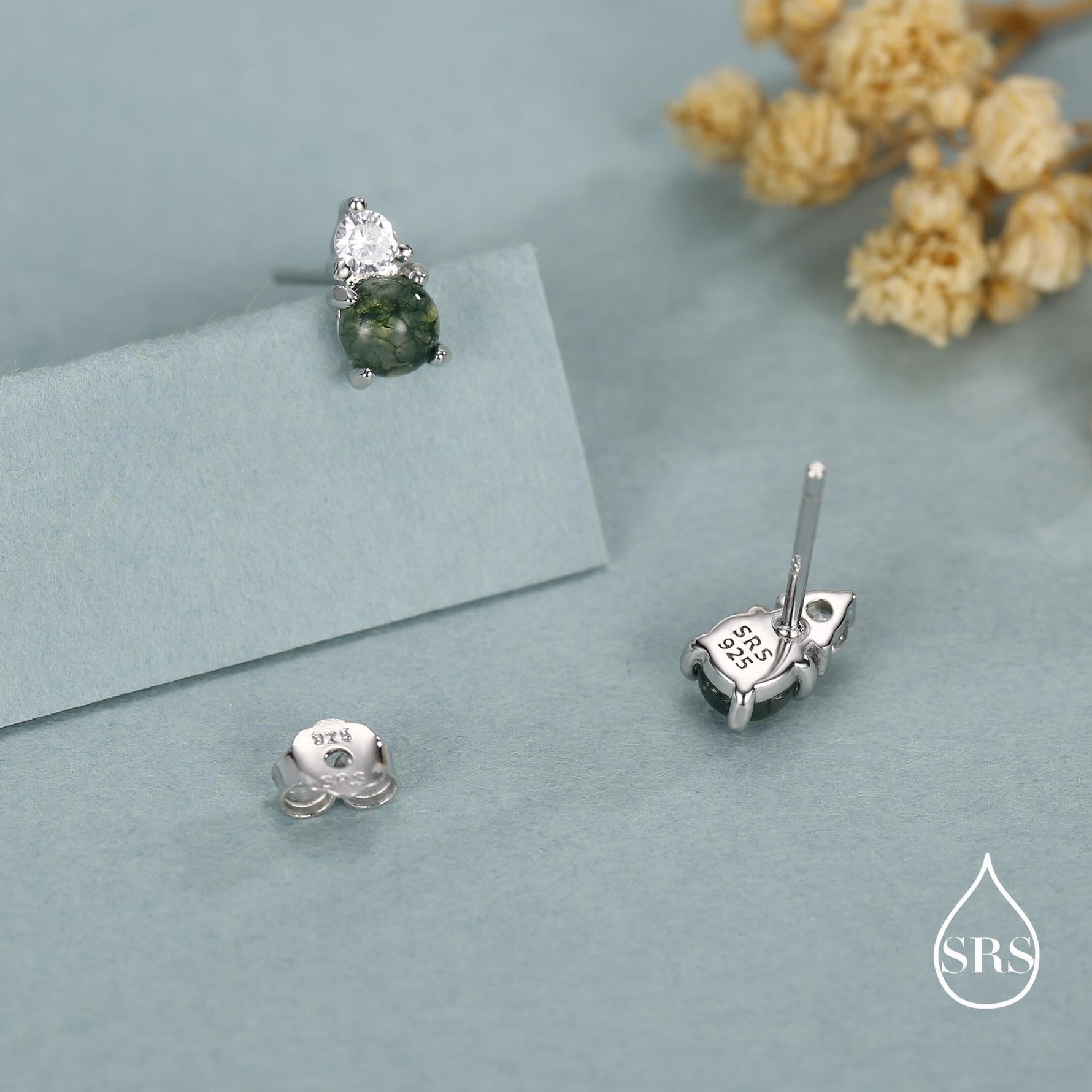 Sterling Silver Natural Moss Agate and CZ Stud Earrings