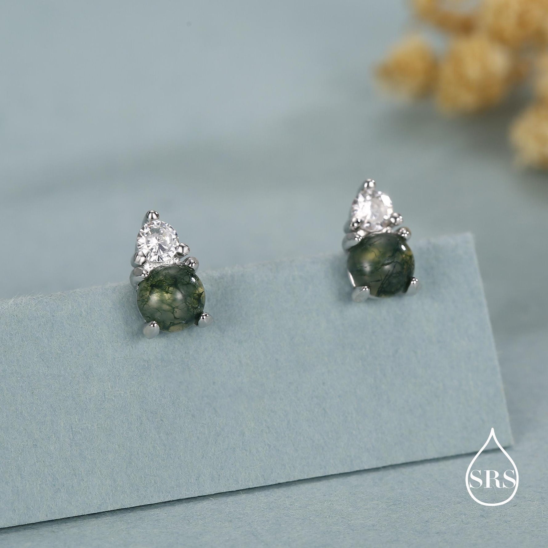 Sterling Silver Moss Agate and CZ 16G Flat Back Labret Earrings