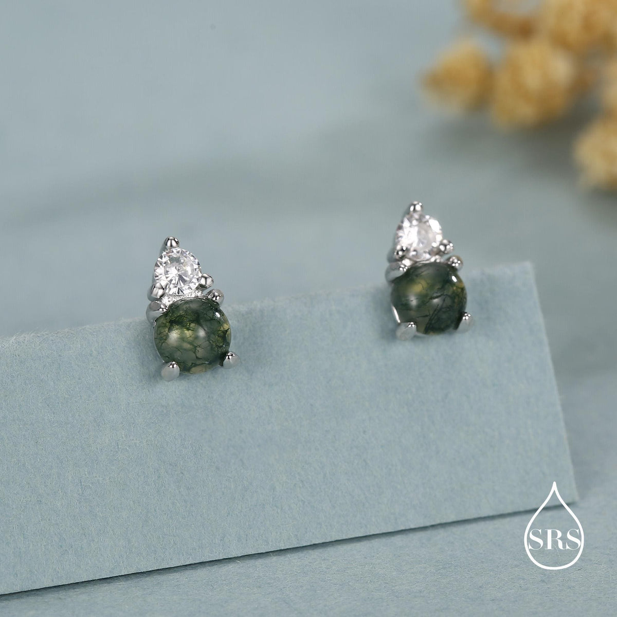 Sterling Silver Moss Agate and CZ Screw Back Stud Earrings with Ball Backs