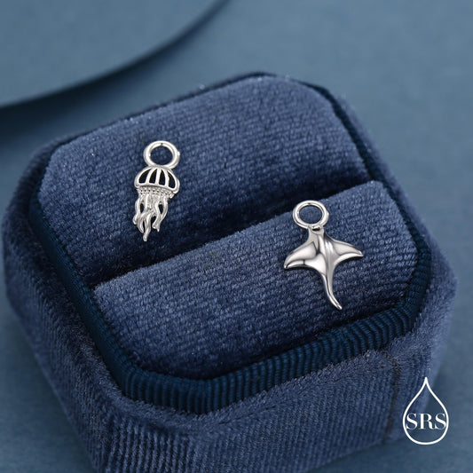 Mismatched Jelly Fish and Manta Ray Charms for Hoop Earrings in Sterling Silver