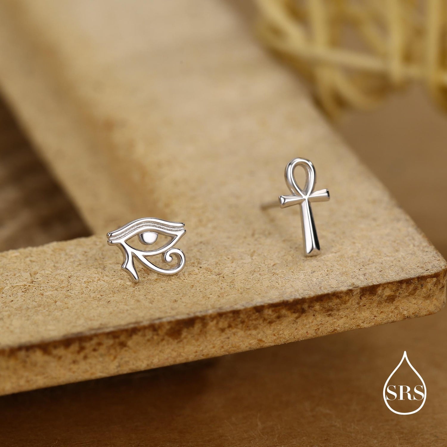 Mismatched Ankh and Eye of Horus Stud Earrings in Sterling Silver, Silver or Gold Finish, Egyptian Hieroglyphics Earrings, Ankh Earrings