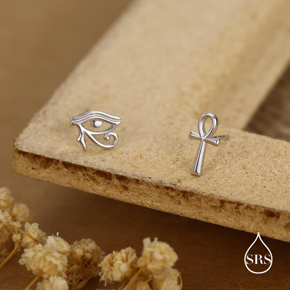 Mismatched Ankh and Eye of Horus Stud Earrings in Sterling Silver, Silver or Gold Finish, Egyptian Hieroglyphics Earrings, Ankh Earrings