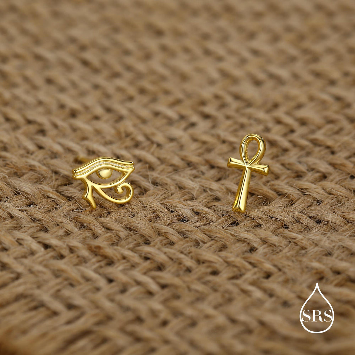 Mismatched Ankh and Eye of Horus Stud Earrings in Sterling Silver, Silver or Gold Finish, Egyptian Hieroglyphics Earrings, Ankh Earrings