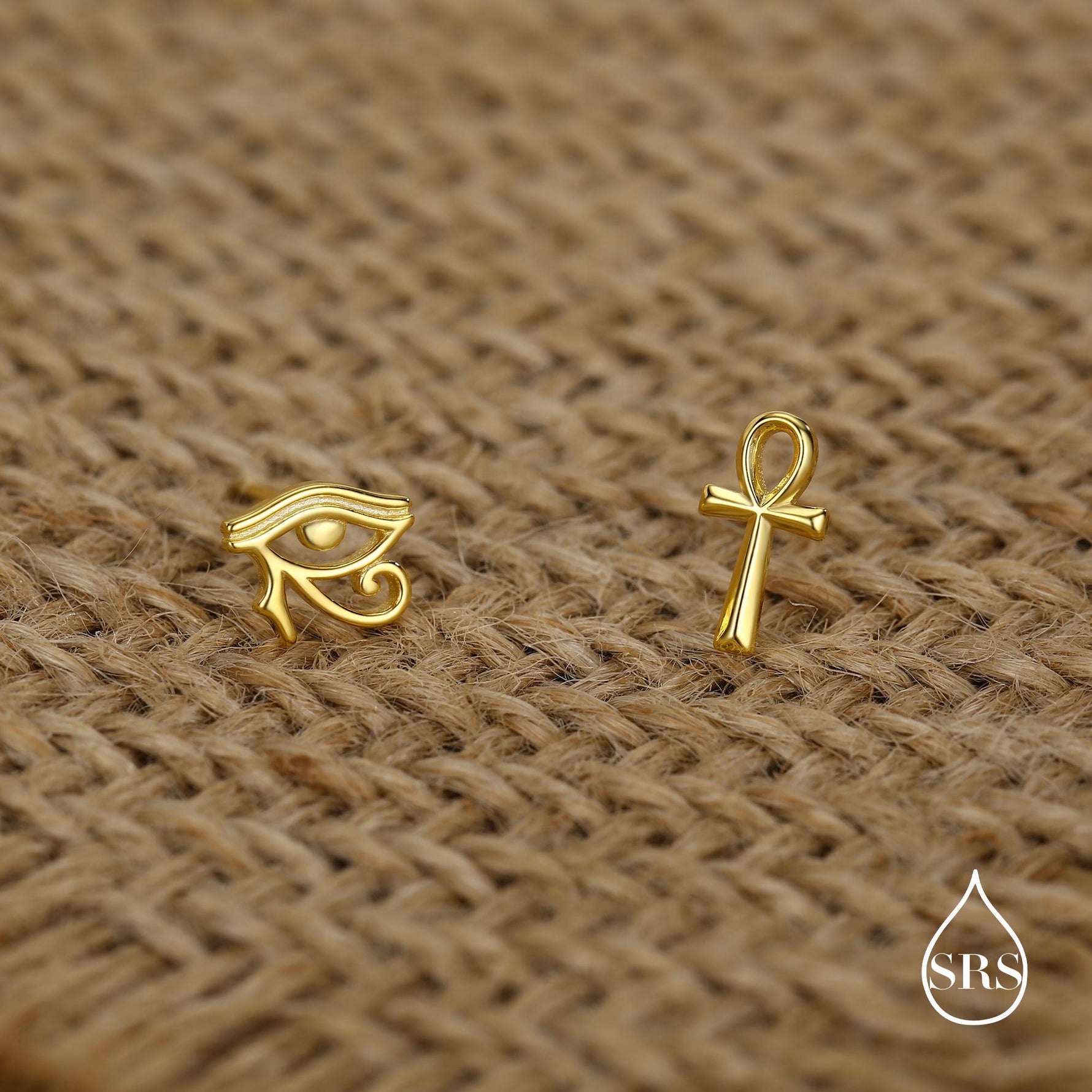 Mismatched Ankh and Eye of Horus Stud Earrings in Sterling Silver, Silver or Gold Finish, Egyptian Hieroglyphics Earrings, Ankh Earrings