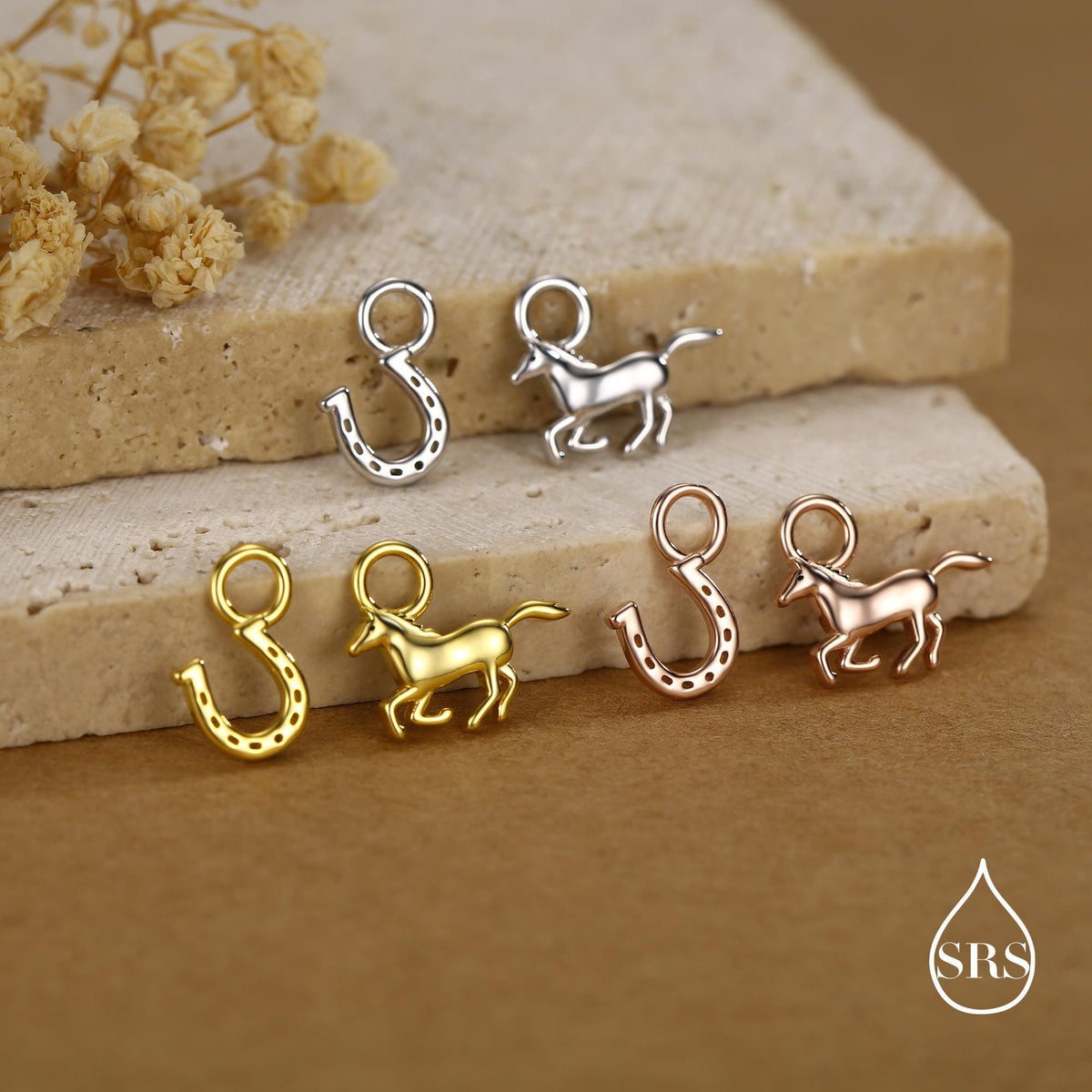 Mismatched Horse and Horse Shoe Charms for Huggie Hoops in Sterling Silver, Sold as a Asymmetric Pair, Silver or Gold or Rose Gold