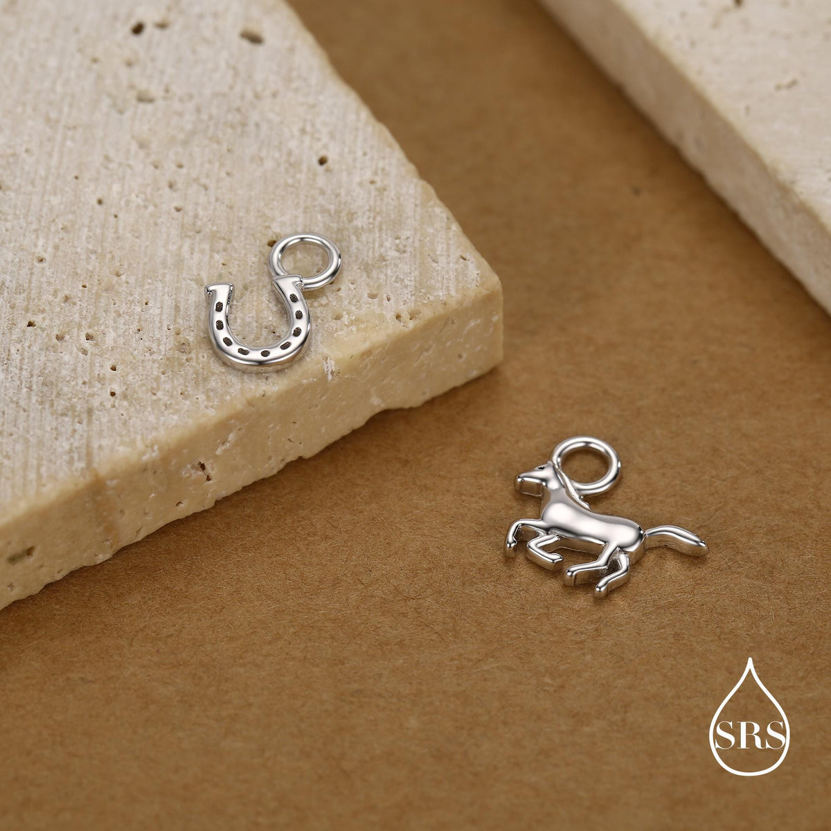 Mismatched Horse and Horse Shoe Charms for Huggie Hoops in Sterling Silver, Sold as a Asymmetric Pair, Silver or Gold or Rose Gold