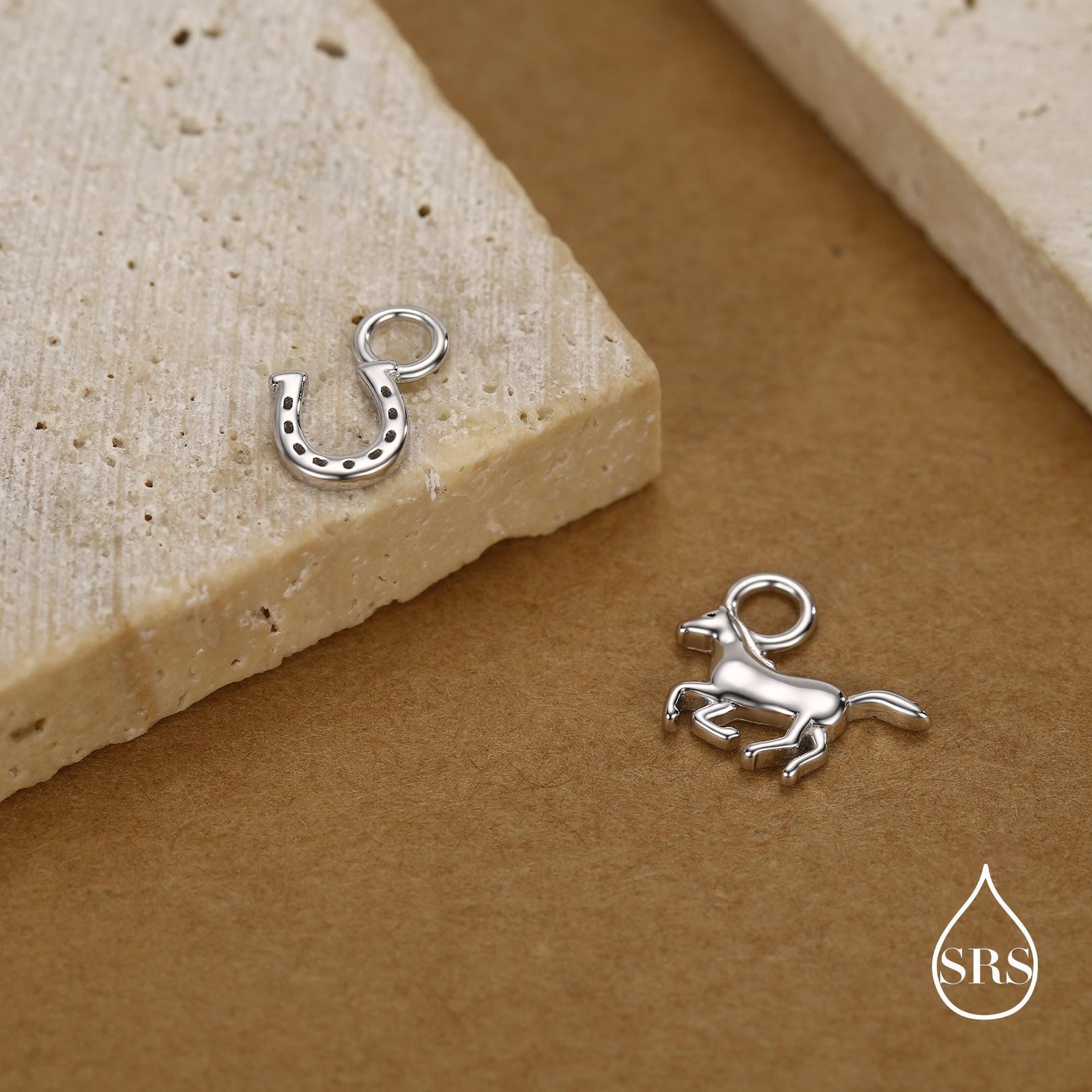 Mismatched Horse and Horse Shoe Charms for Huggie Hoops in Sterling Silver, Sold as a Asymmetric Pair, Silver or Gold or Rose Gold