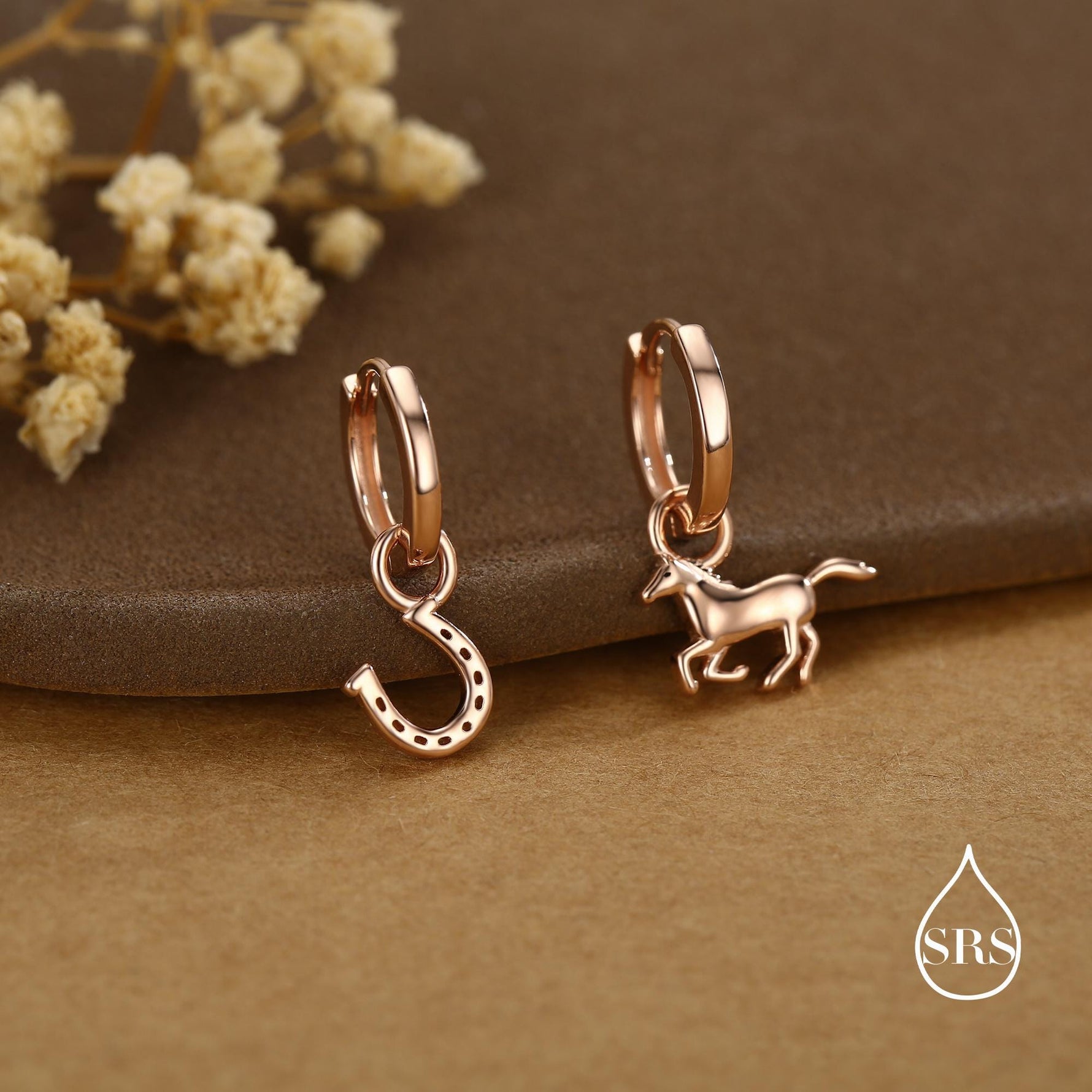 Mismatched Horse and Horseshoe Huggie Hoops in Sterling Silver, Silver or Gold or Rose Gold, Detachable Horse and Horse Shoe Hoop Earrings