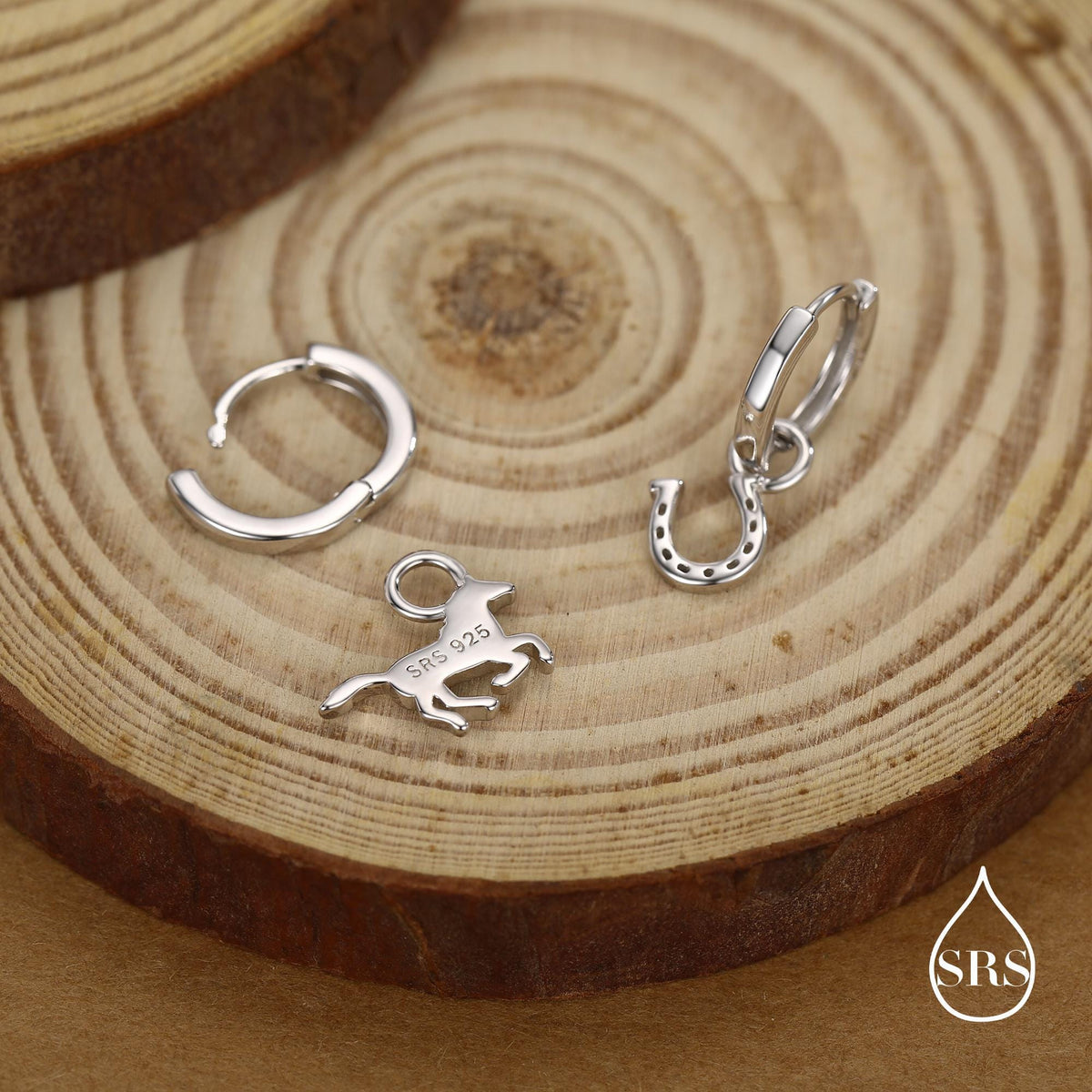 Mismatched Horse and Horseshoe Huggie Hoops in Sterling Silver, Silver or Gold or Rose Gold, Detachable Horse and Horse Shoe Hoop Earrings