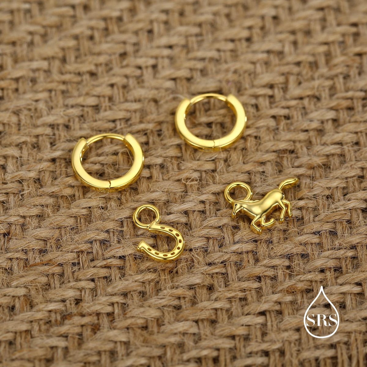 Mismatched Horse and Horseshoe Huggie Hoops in Sterling Silver, Silver or Gold or Rose Gold, Detachable Horse and Horse Shoe Hoop Earrings