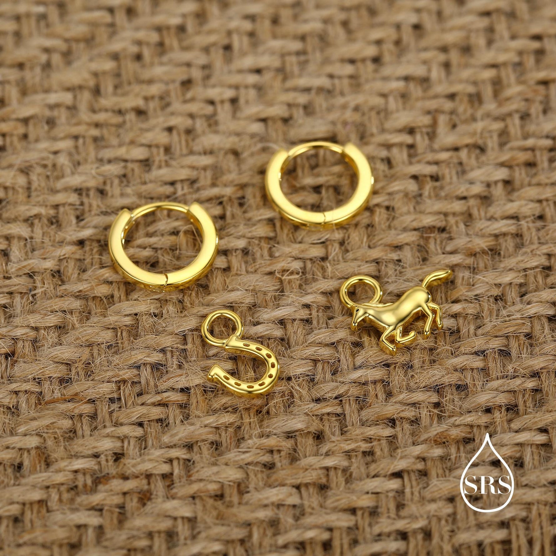 Mismatched Horse and Horseshoe Huggie Hoops in Sterling Silver, Silver or Gold or Rose Gold, Detachable Horse and Horse Shoe Hoop Earrings