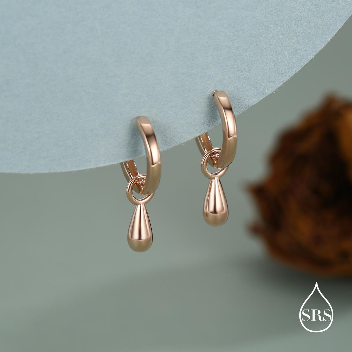 Sterling Silver Droplet Hoop Earrings, Silver, Gold or Rose Gold, Water Drop Earrings, Interchangeable Charms, Detachable