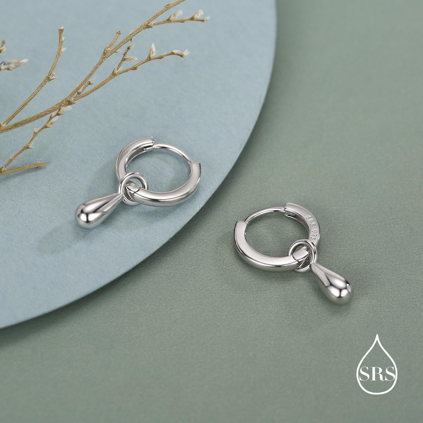 Sterling Silver Droplet Hoop Earrings, Silver, Gold or Rose Gold, Water Drop Earrings, Interchangeable Charms, Detachable