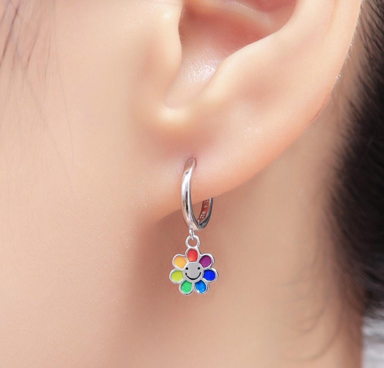 Enamel Smiling Flower Huggie Hoop Earrings in Sterling Silver, Silver Rainbow Flower Earrings, Multi Colour Flower Hoops in Sterling Silver