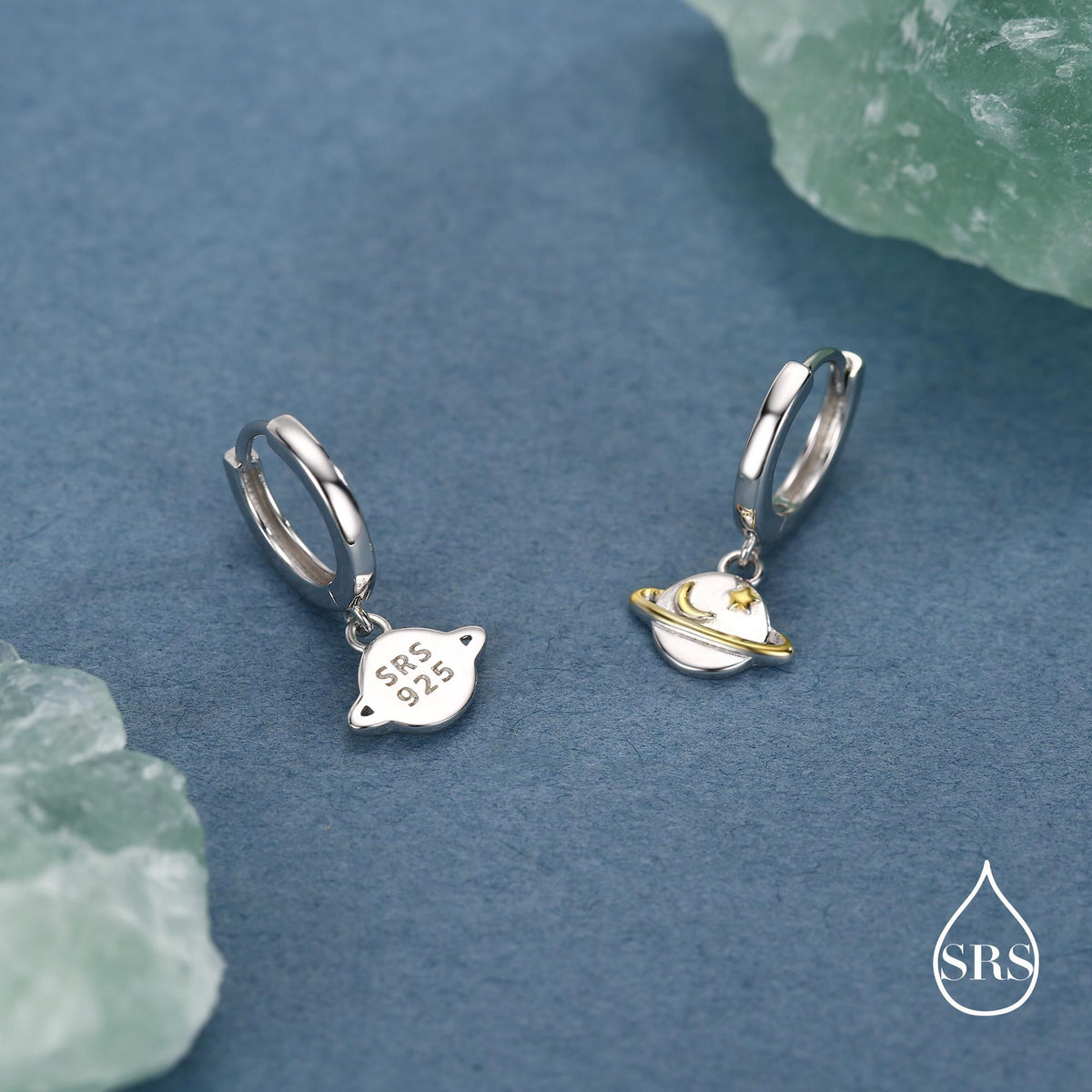 Planet and Gold Star Huggie Hoop Earrings in Sterling Silver, Saturn Dangle Hoop Earrings