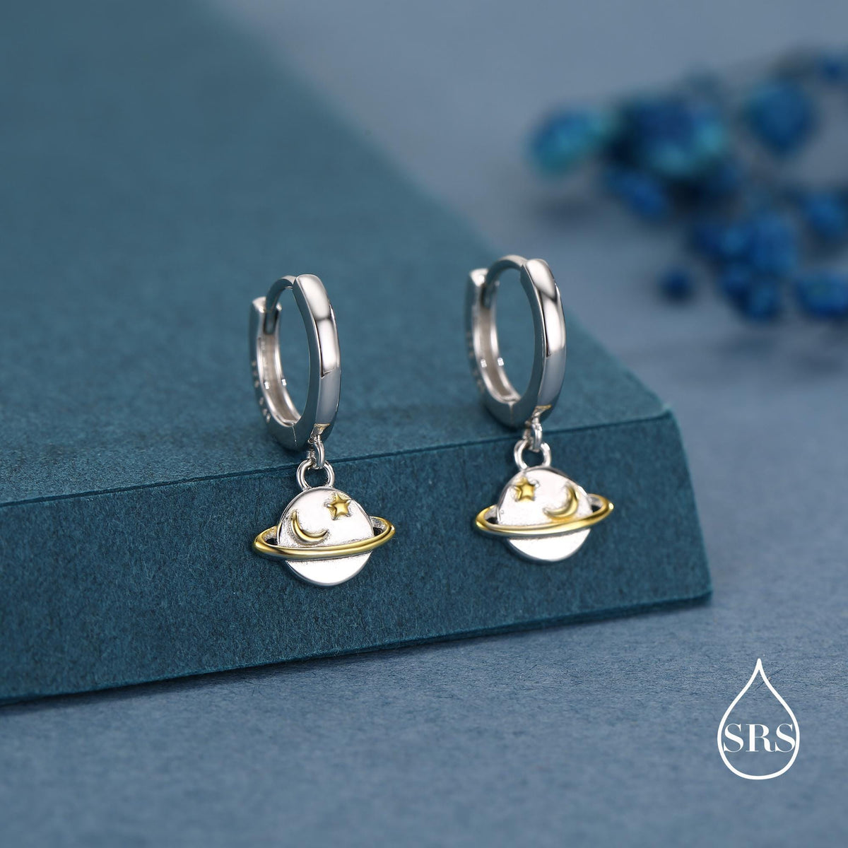 Planet and Gold Star Huggie Hoop Earrings in Sterling Silver, Saturn Dangle Hoop Earrings