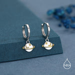 Planet and Gold Star Huggie Hoop Earrings in Sterling Silver, Saturn Dangle Hoop Earrings