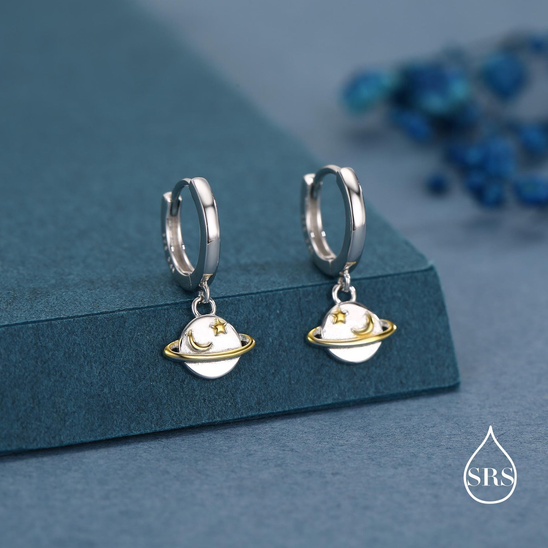 Planet and Gold Star Huggie Hoop Earrings in Sterling Silver, Saturn Dangle Hoop Earrings