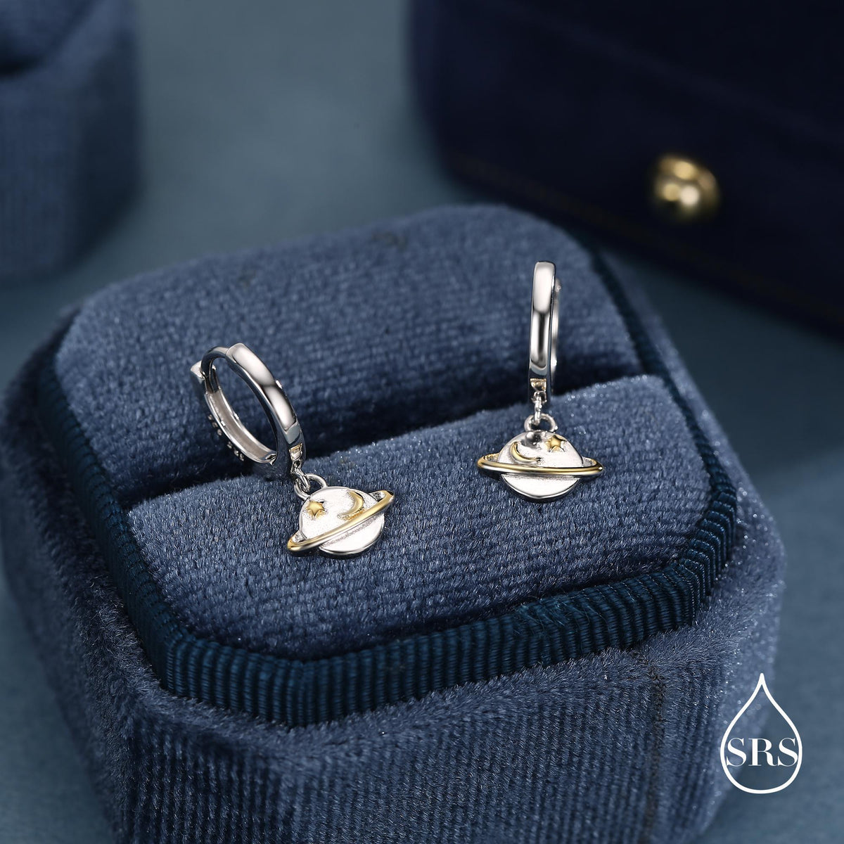 Planet and Gold Star Huggie Hoop Earrings in Sterling Silver, Saturn Dangle Hoop Earrings