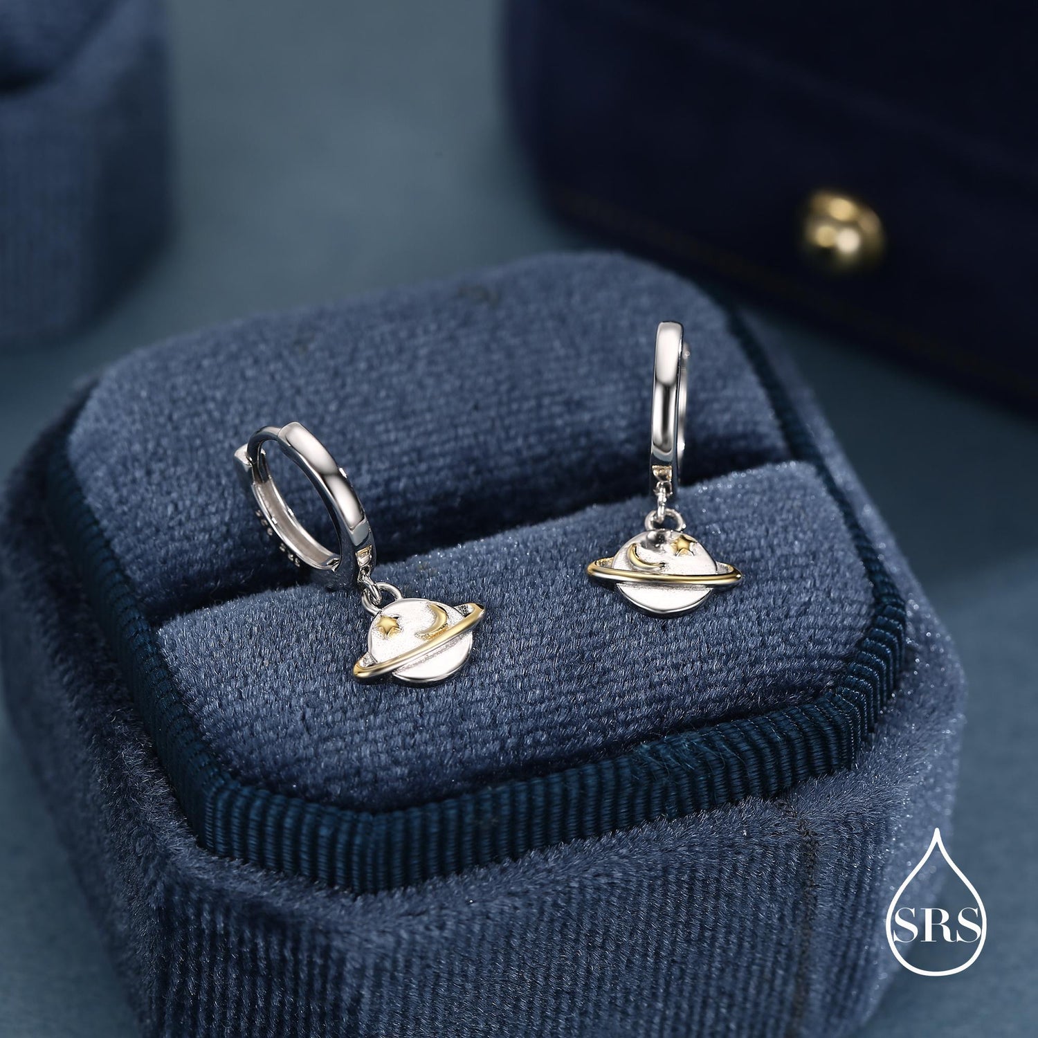 Planet and Gold Star Huggie Hoop Earrings in Sterling Silver, Saturn Dangle Hoop Earrings