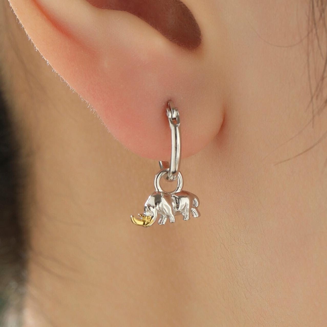 Sterling Silver Rhino Dangle Huggie Hoops, Detachable Rhinoceros Hoop Earrings, Dainty Dangle Earrings, Rhino Earrings