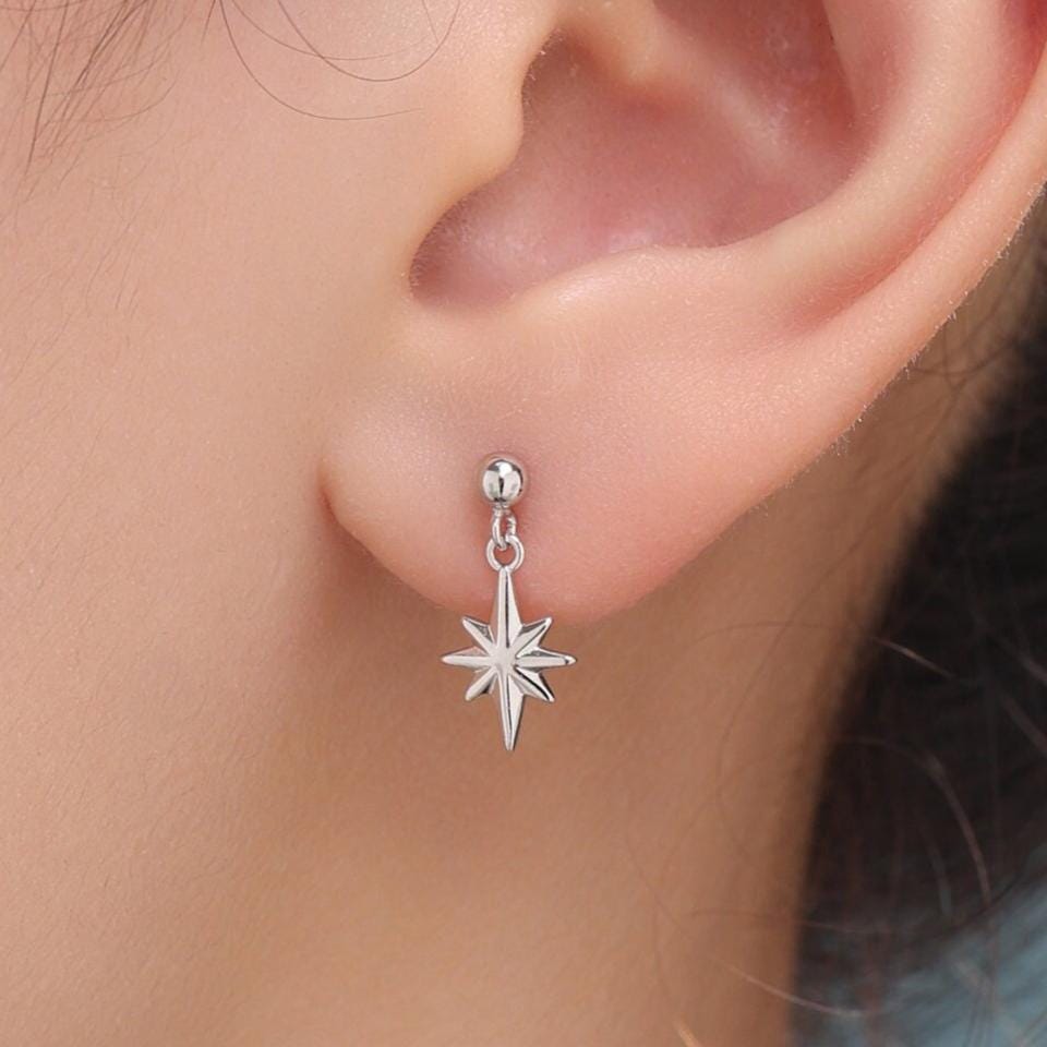 Delicate Starburst Dangle Stud Earrings in Sterling Silver, Silver, Gold or Rose Gold, Star Earrings, Sunburst Earrings, Celestial Star