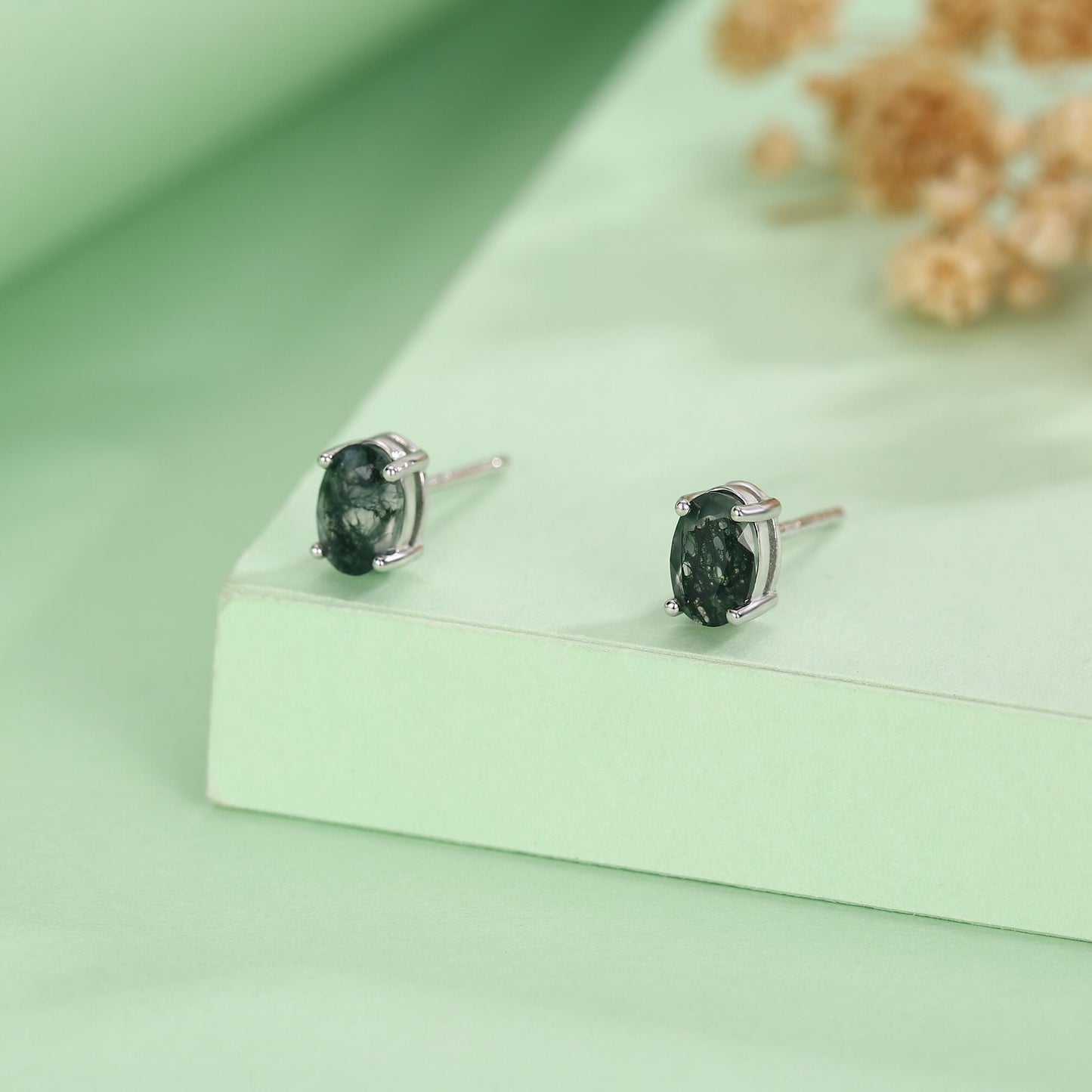 Sterling Silver Moss Agate 4x6mm Oval Stud Earrings