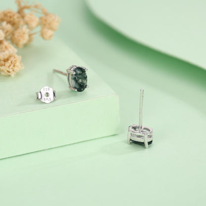 Sterling Silver Moss Agate 4x6mm Oval Stud Earrings