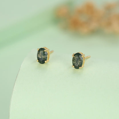 Sterling Silver Moss Agate 4x6mm Oval Stud Earrings