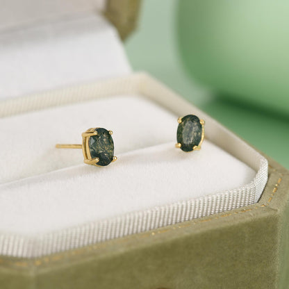 Sterling Silver Moss Agate 4x6mm Oval Stud Earrings