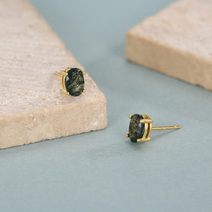 Sterling Silver Moss Agate 5x7mm Oval Stud Earrings