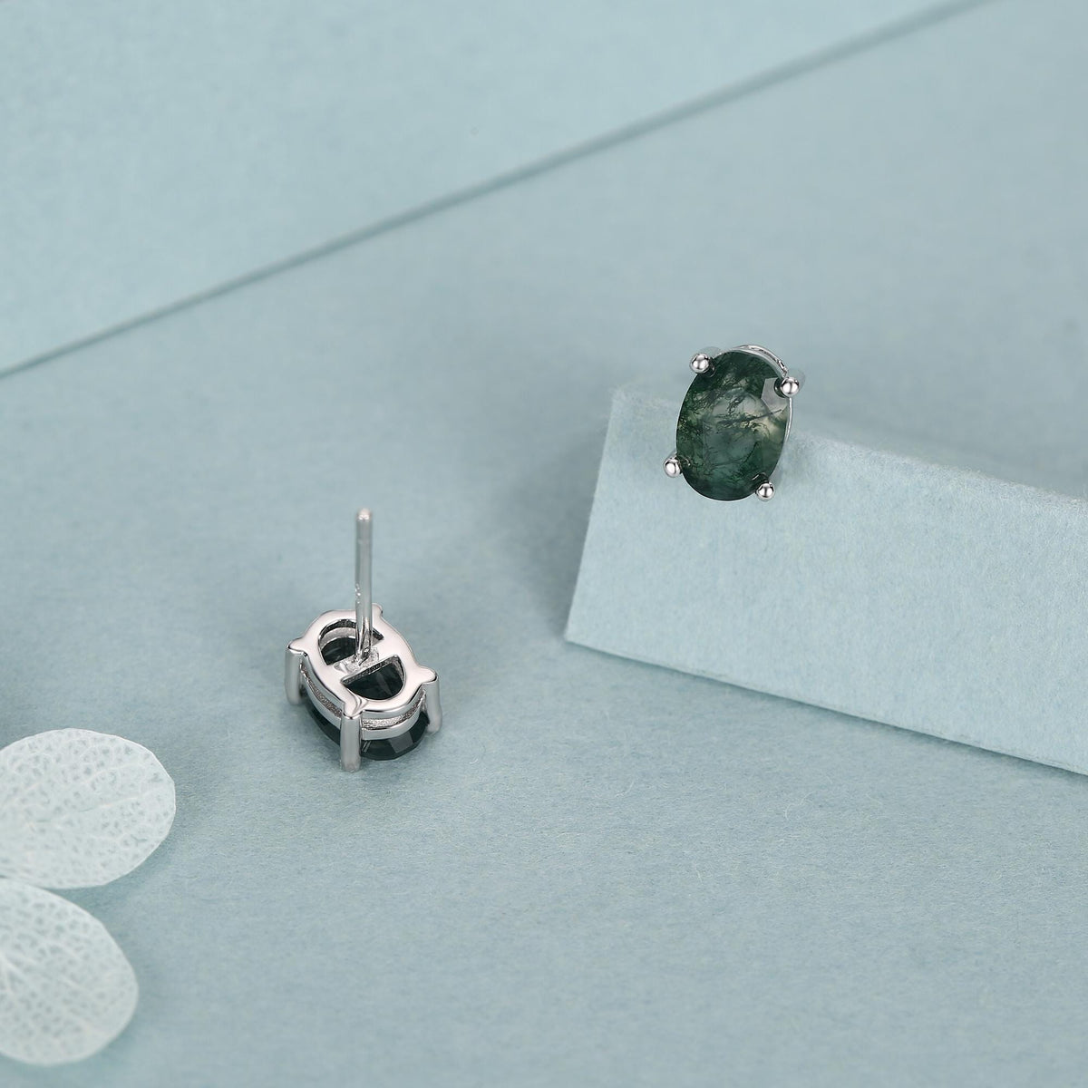 Sterling Silver Moss Agate 5x7mm Oval Stud Earrings