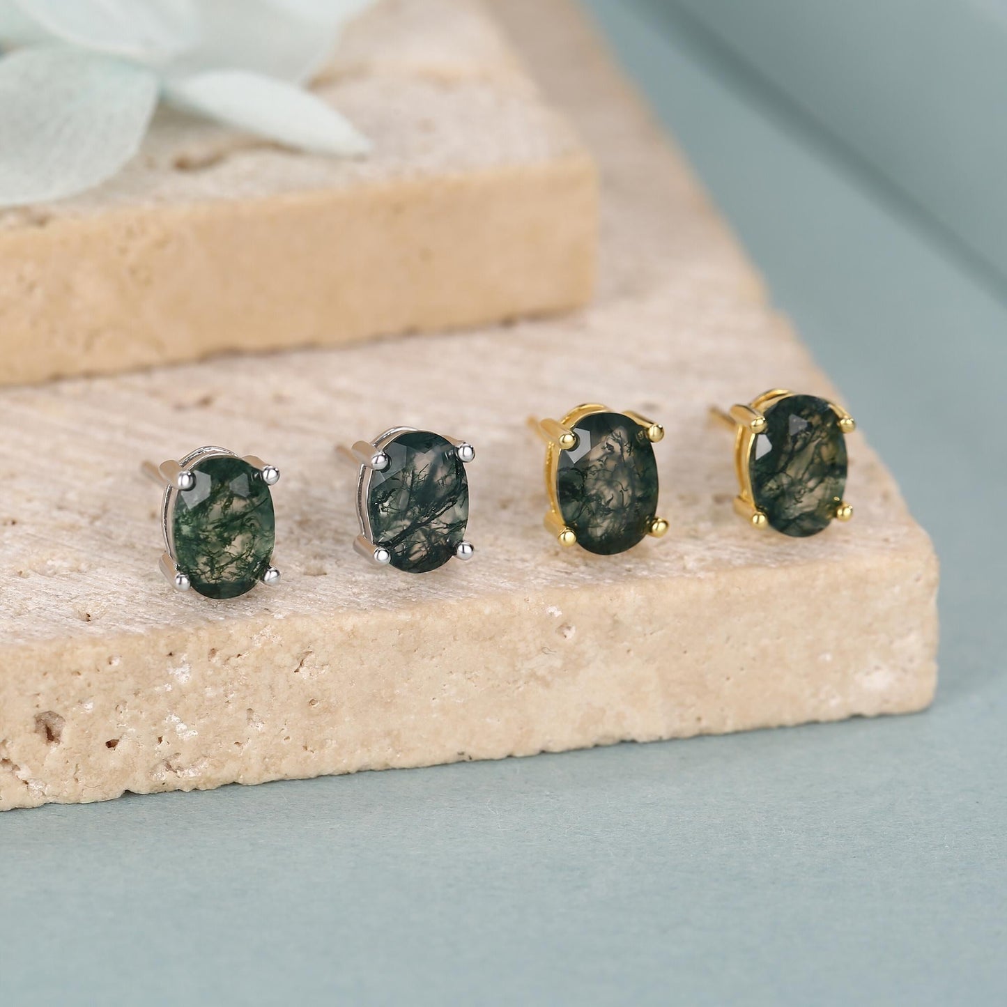 Sterling Silver Moss Agate 5x7mm Oval Stud Earrings