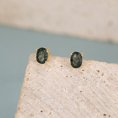 Sterling Silver Moss Agate 5x7mm Oval Stud Earrings