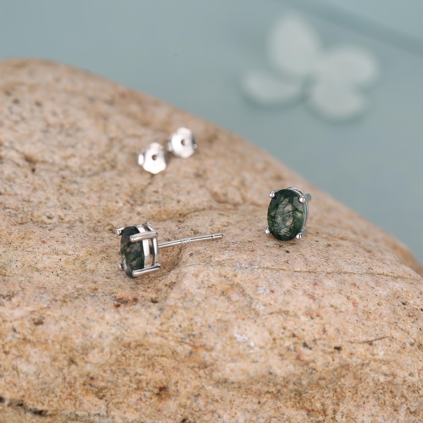 Sterling Silver Moss Agate 5x7mm Oval Stud Earrings