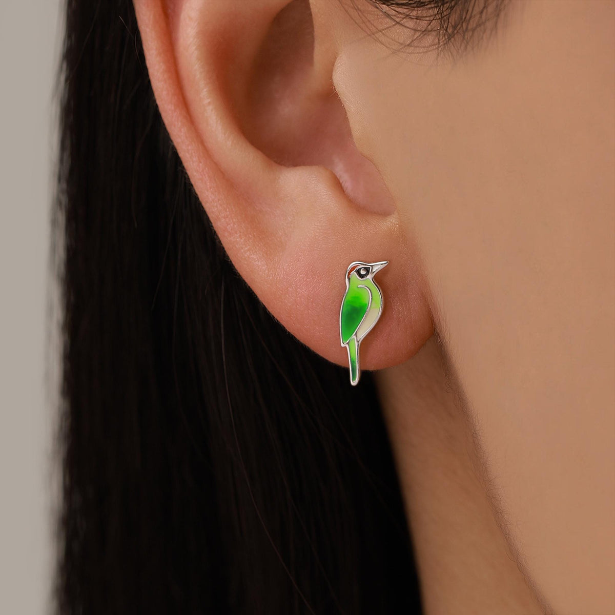 Sterling Silver Green Woodpecker Enamel Stud Earrings