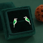 Sterling Silver Green Woodpecker Enamel Stud Earrings
