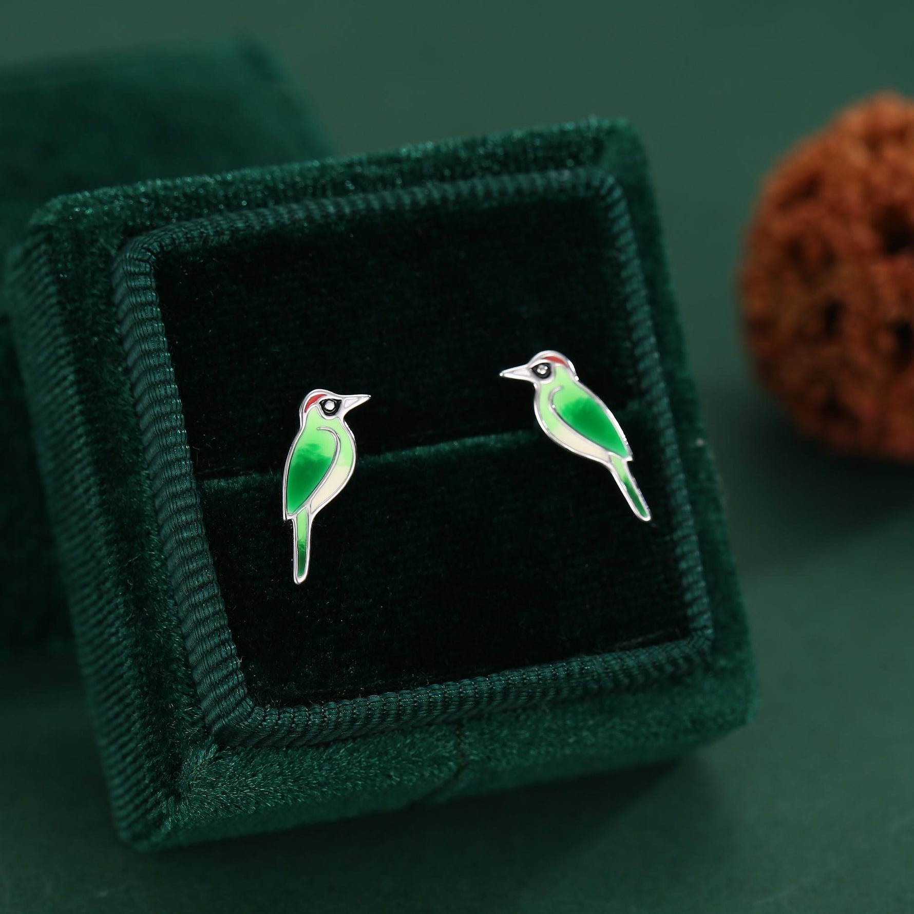 Sterling Silver Green Woodpecker Enamel Stud Earrings