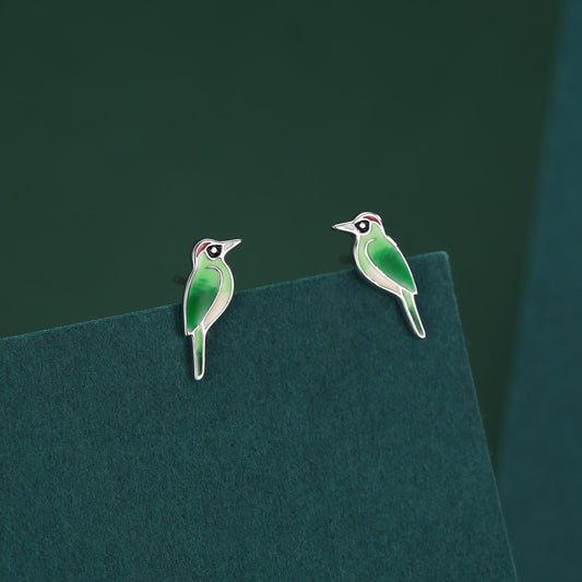 Sterling Silver Green Woodpecker Enamel Stud Earrings