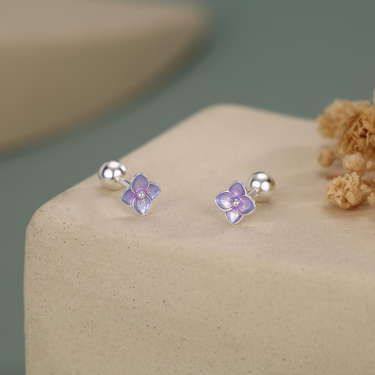 Sterling Silver Purple Hydrangea Flower 18G Screw Back Stud Earrings with Ball Backs