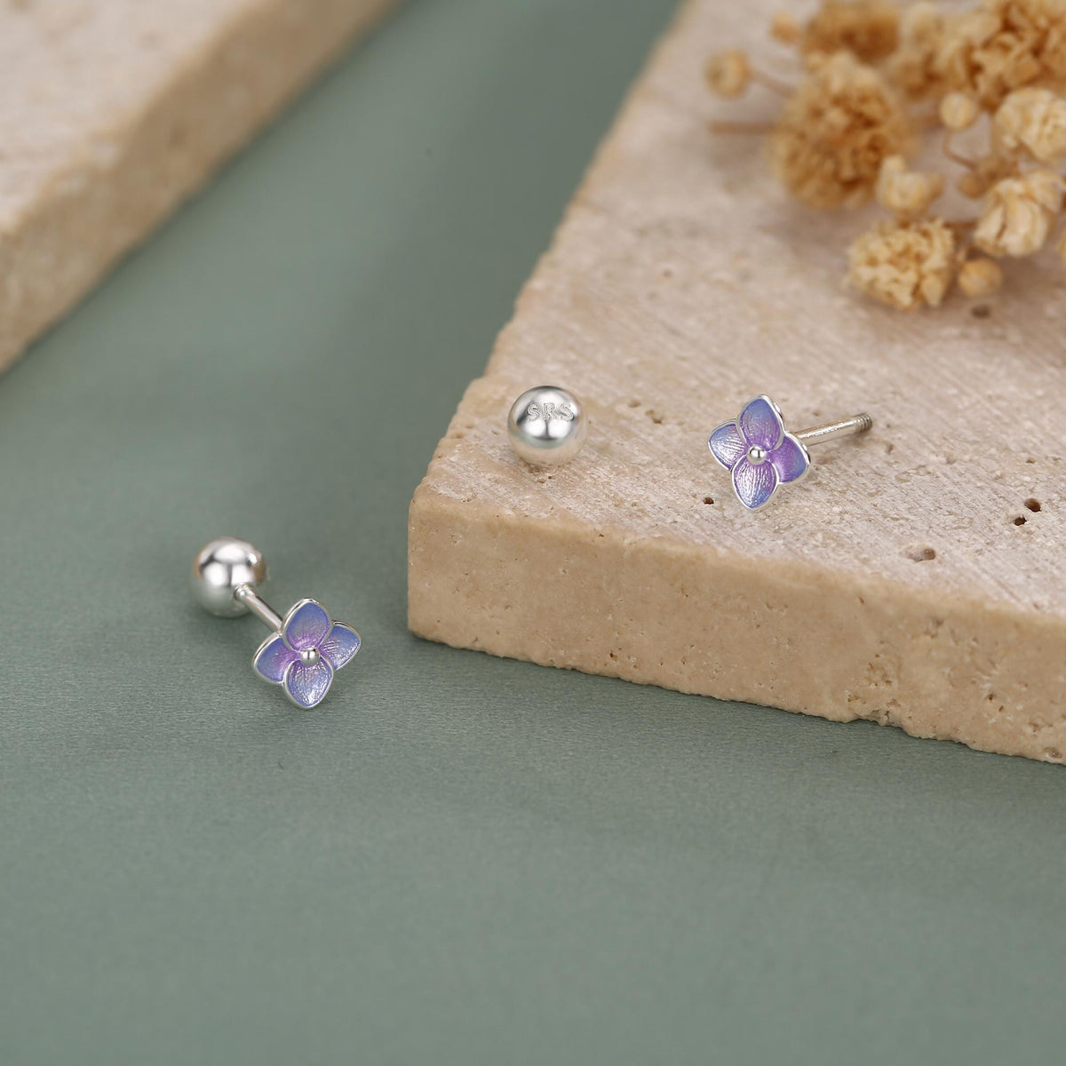 Sterling Silver Purple Hydrangea Flower 18G Screw Back Stud Earrings with Ball Backs
