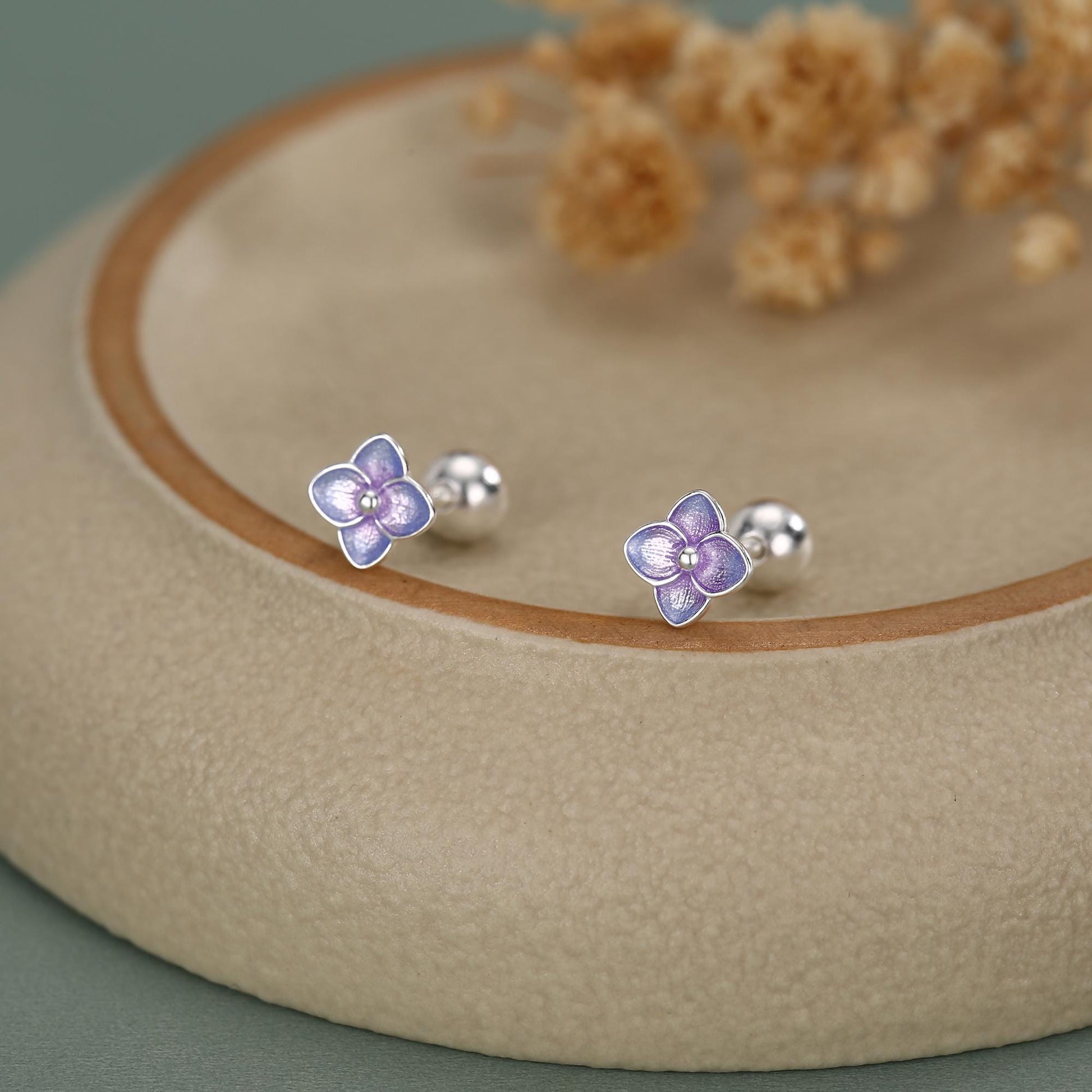 Sterling Silver Purple Hydrangea Flower 18G Screw Back Stud Earrings with Ball Backs