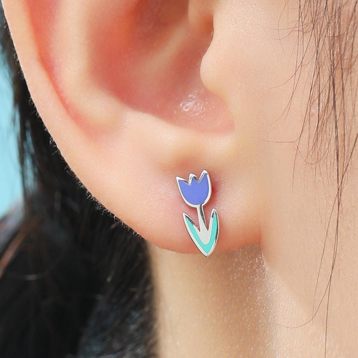Enamel Tulip Flower Stud Earrings in Sterling Silver, Available in Three Colours, Flower Earrings, Tulip Earrings