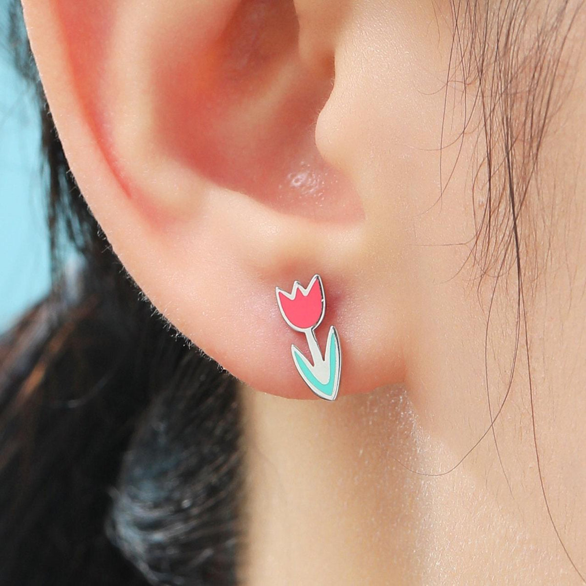 Enamel Tulip Flower Stud Earrings in Sterling Silver, Available in Three Colours, Flower Earrings, Tulip Earrings