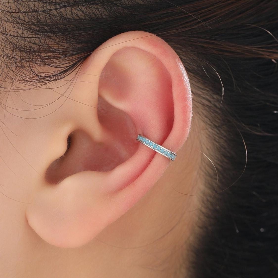 Turquoise Blue Ear Cuff in Sterling Silver, Silver or Gold, Simple Piercing Free Earrings, Minimalist Ear Cuff, Blue CZ Ear Cuff